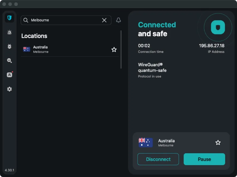 Surfshark 4.30.1 on macOS connected to Melbourne over WireGuard.