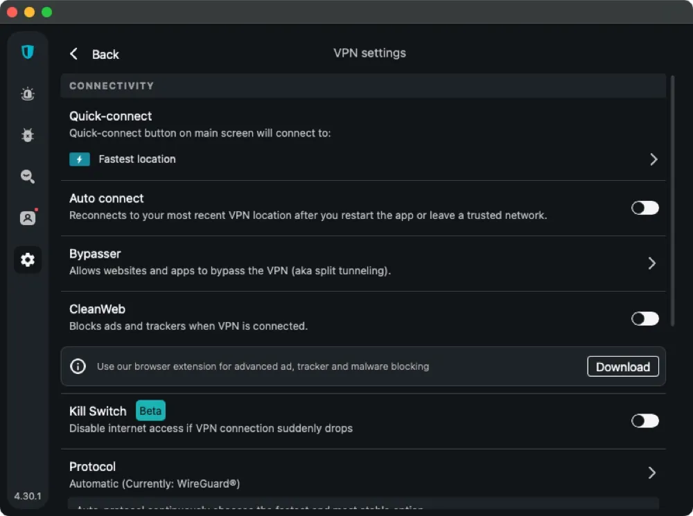 Surfshark’s Kill Switch (Beta) blocks all traffic if the VPN drops, but it is off by default.
