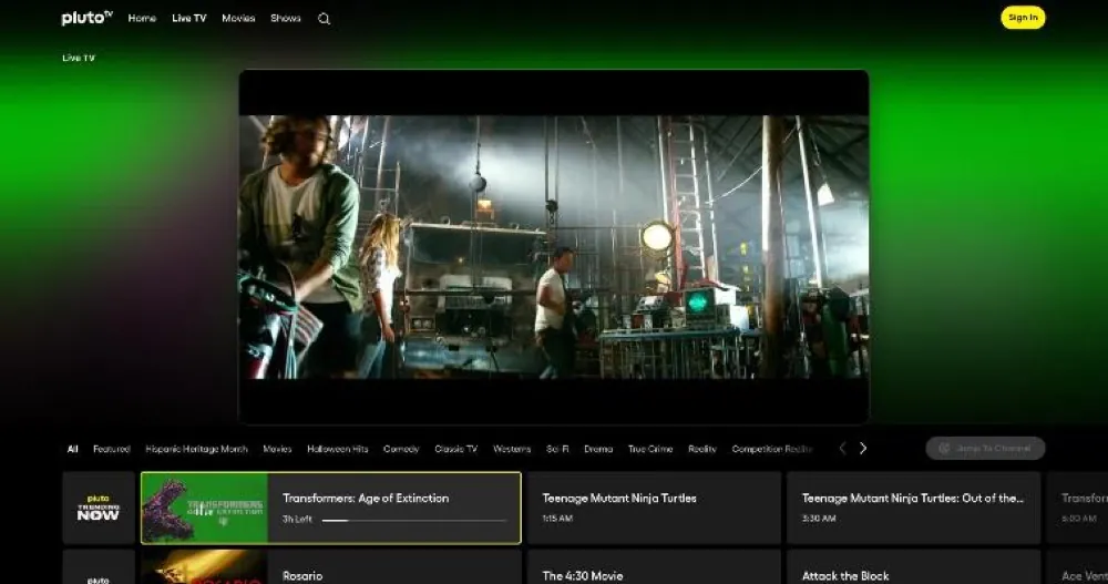 A Pluto TV live channel playing on a Los Angeles server.