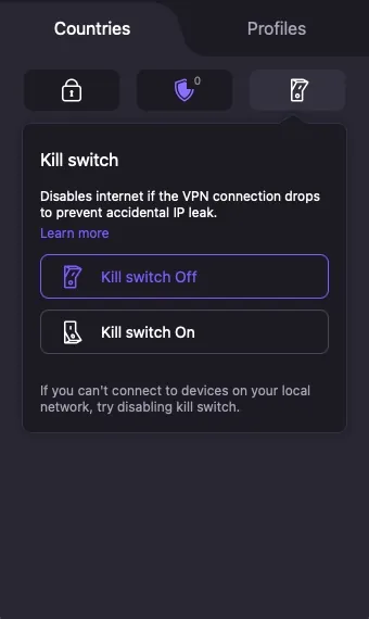 Proton VPN’s kill switch cuts your internet if the VPN drops. It was off by default.