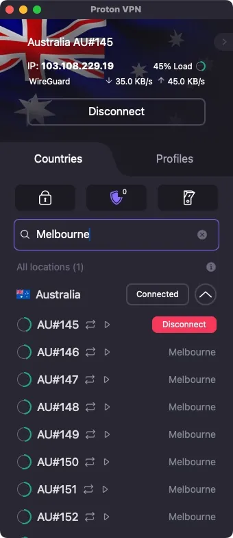 Proton VPN 4.5.0 on macOS, connected to a Melbourne server over WireGuard. The double-arrow icon marks servers that allow torrenting.