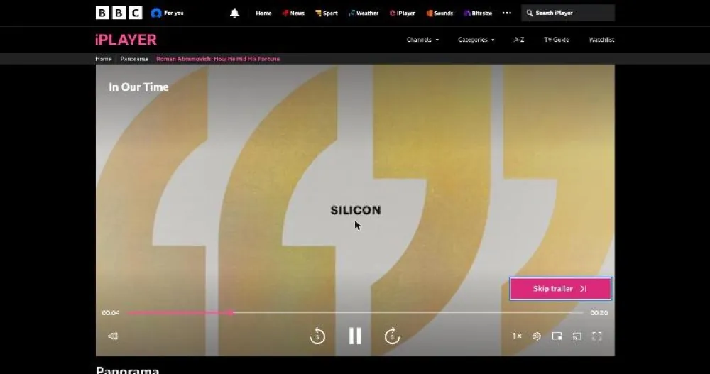 BBC iPlayer playing on a London server, starting with BBC's trailer, after its TV Licence question.