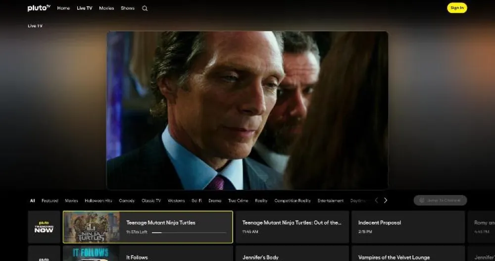 A Pluto TV live channel playing on a San Jose server.
