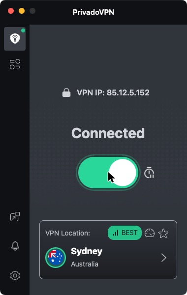 PrivadoVPN on macOS, connected to "Sydney, Australia" and marked Best. Our IP checks placed this server in Los Angeles.