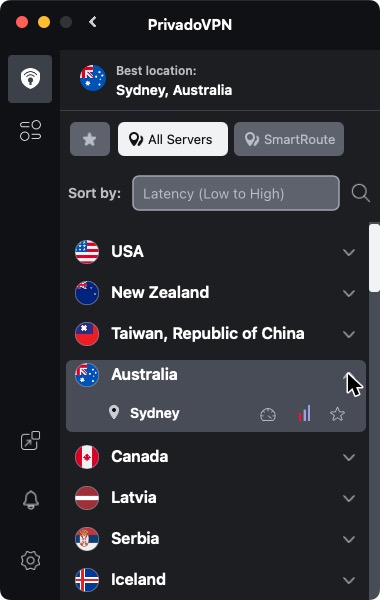 The location list: Sydney is the only Australian location, and the app suggests it as the best location.