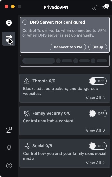 Control Tower, the app's DNS filters for threats, family and social media: all off by default.