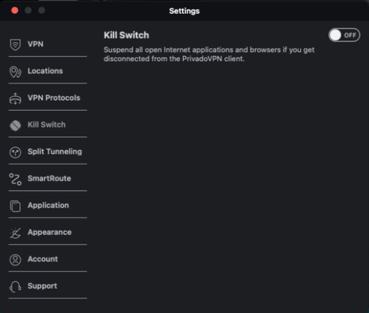 Settings > Kill Switch on default settings: off. It reads "Suspend all open Internet applications and browsers if you get disconnected from the PrivadoVPN client."