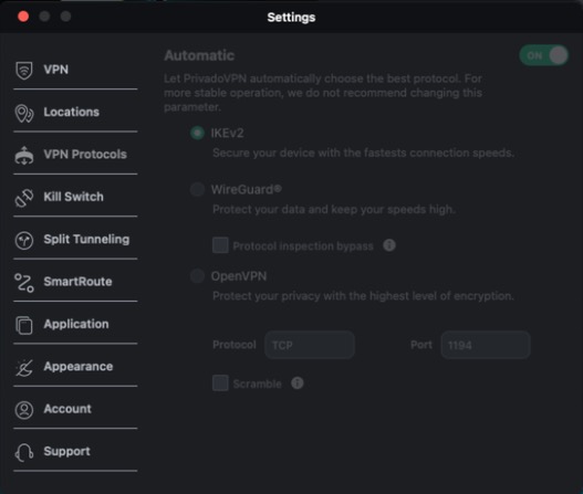 Settings > VPN Protocols on default settings: Automatic on, with IKEv2, WireGuard and OpenVPN listed.