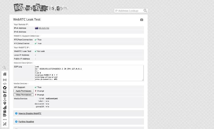 BrowserLeaks WebRTC test on the "Sydney" server: No Leak, with only the VPN's address shown.
