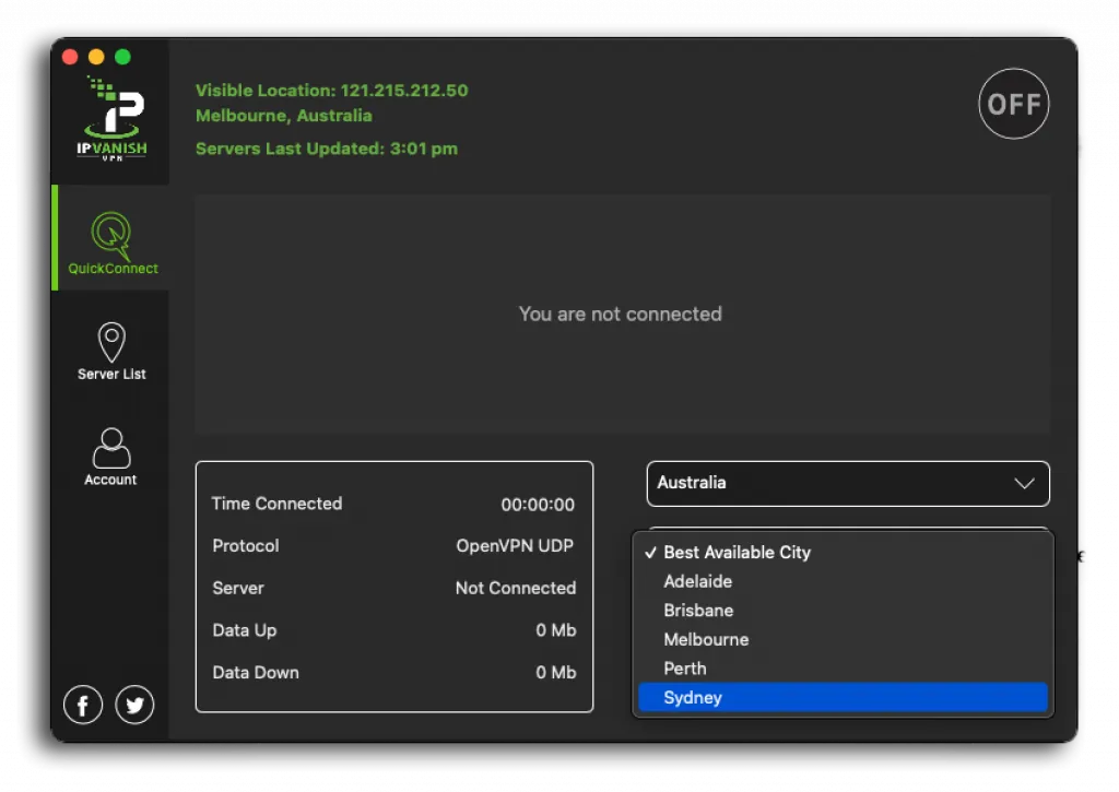 Image of the city-specific server locations for IPVanish.