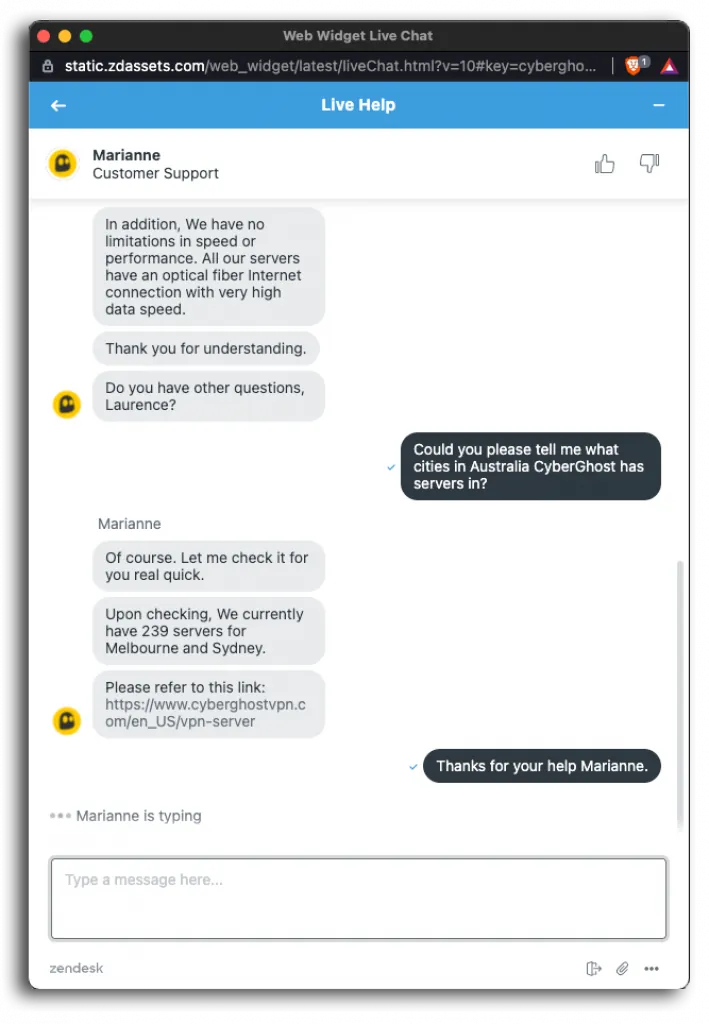 CyberGhost chat log with a human.