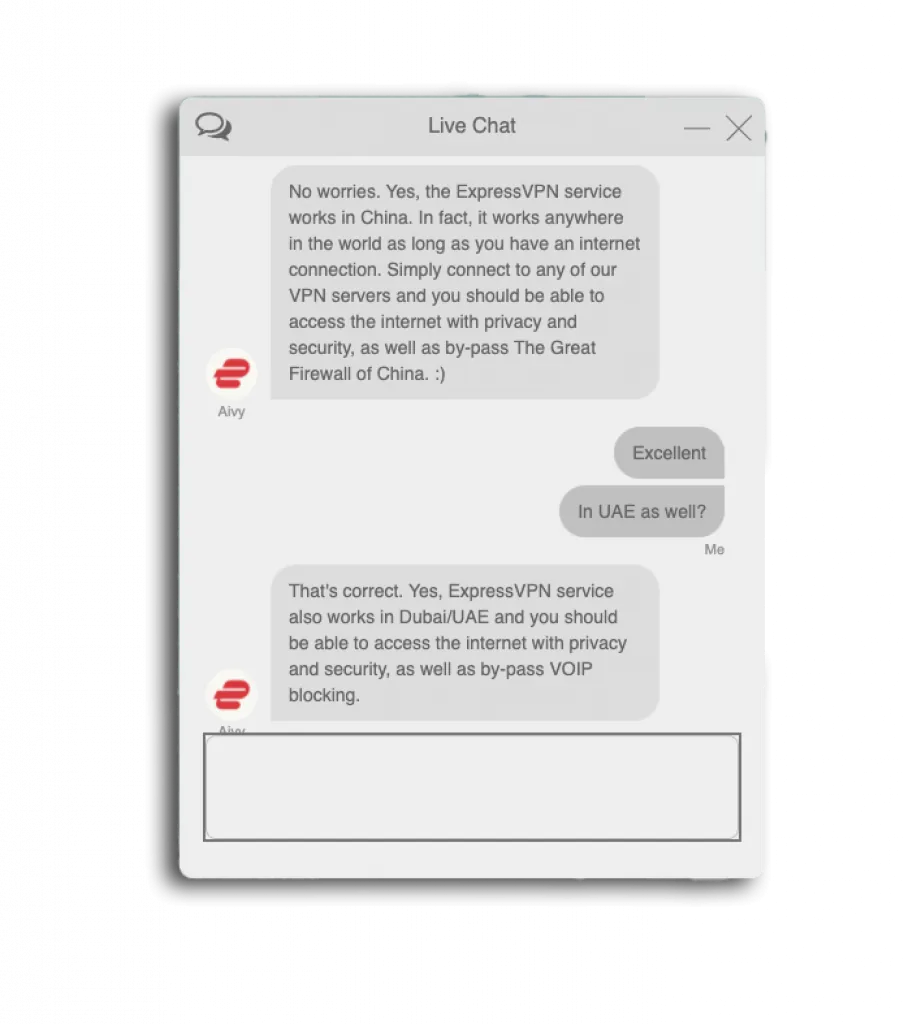 ExpressVPN's live chat (agent named Aivy) answering questions about China and the UAE, August 2021.