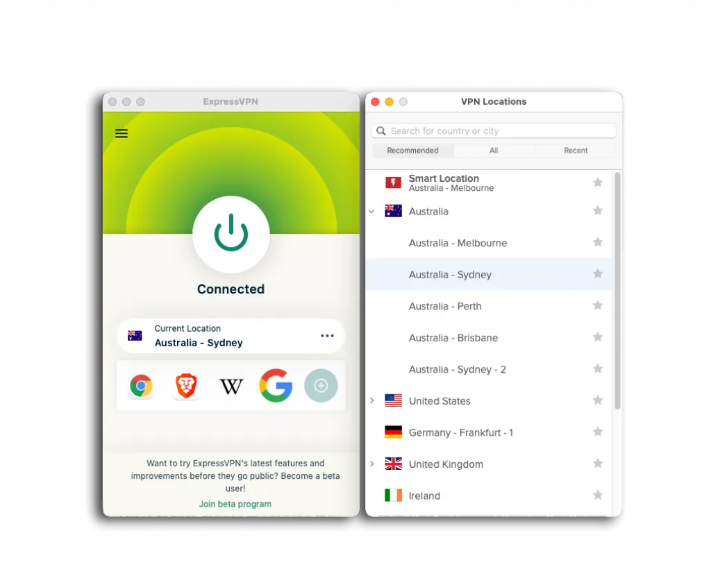 Image of the city-specific server locations for ExpressVPN.