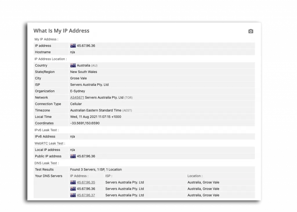IP Leak of ExpressVPN test using browserleaks.com.