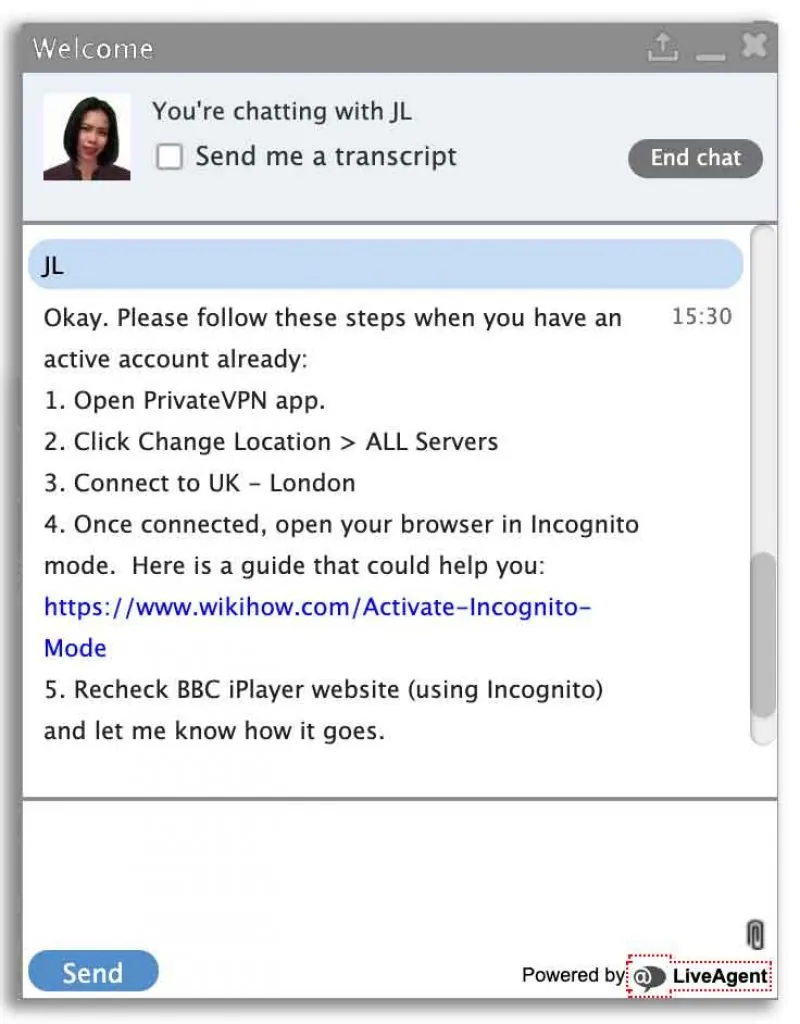 PrivateVPN Chat Support.