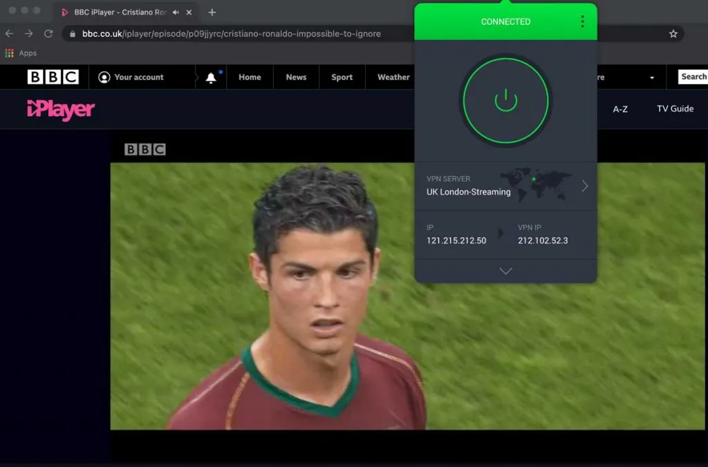 Watching Cristiano Ronaldo: Impossible to ignore on BBC iPlayer from Melbourne, Australia using PIA.